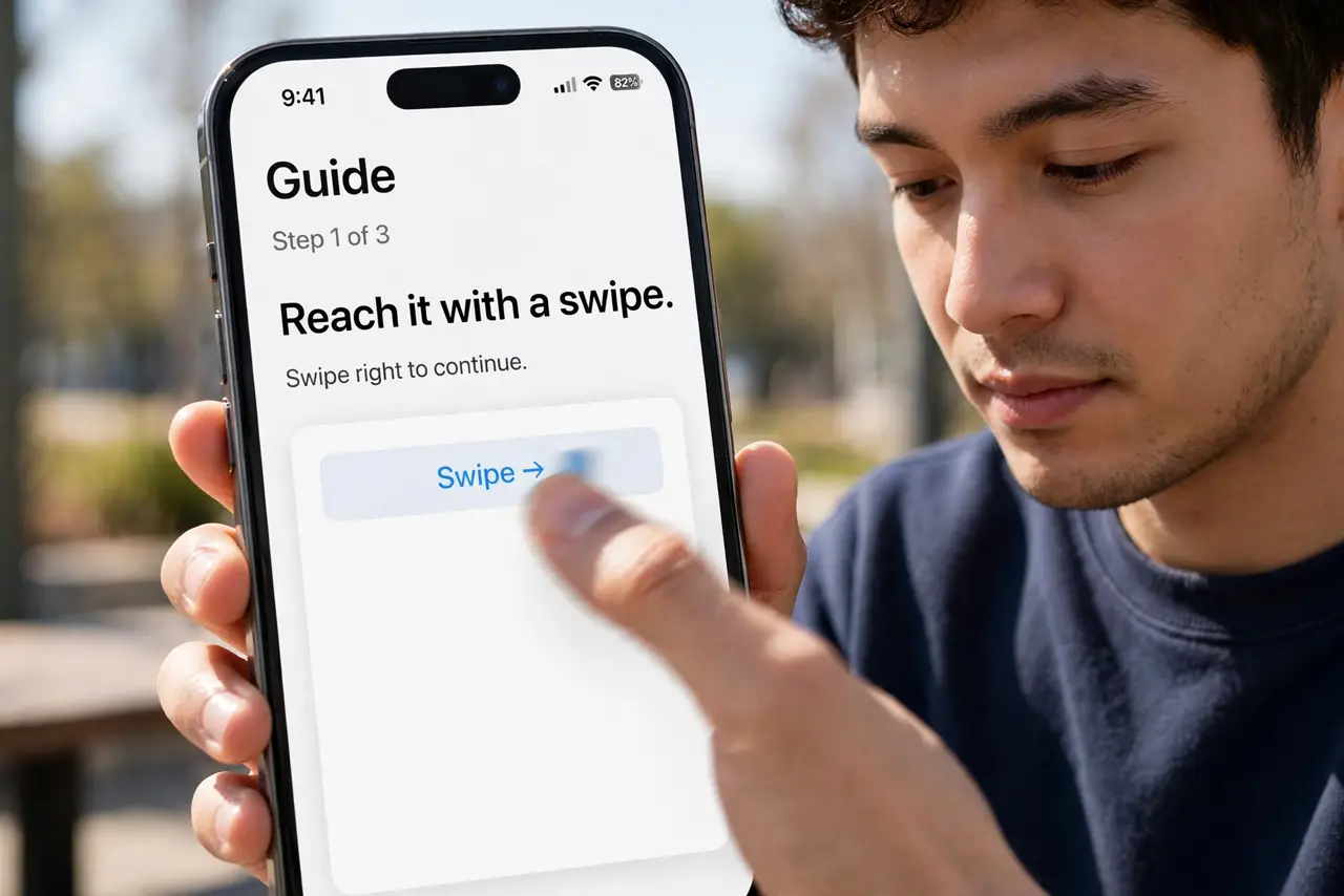 A person doing the guide's first step: Reach it with a swipe.