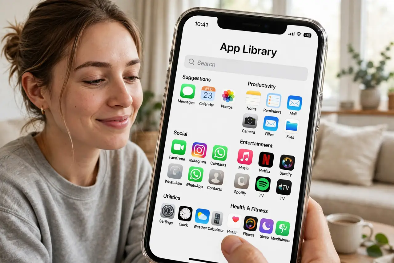 A person swiping to the iPhone App Library showing auto-sorted app category folders legible on screen, the person's face relieved, living room setting.