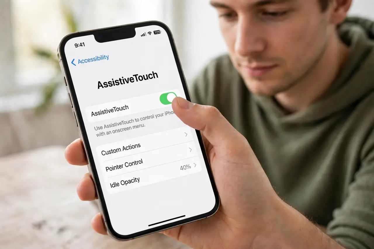 A person doing the guide's first step: Turn on AssistiveTouch.