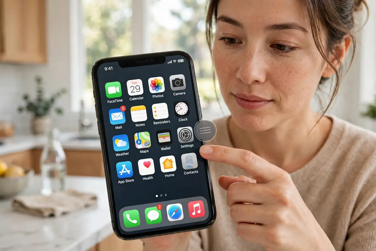 A person holding a real iPhone with the small round AssistiveTouch floating button visible over the home screen, a finger about to tap it, the person's face calm and curious, bright kitchen.