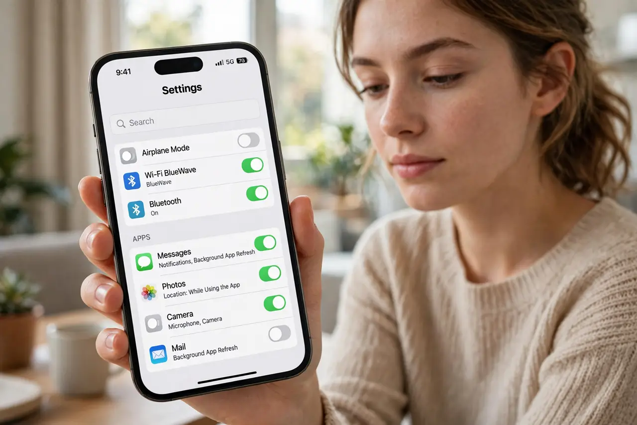 A person holding an iPhone showing a settings list with app toggles legible on screen, the person's face focused and calm, indoor daylight.