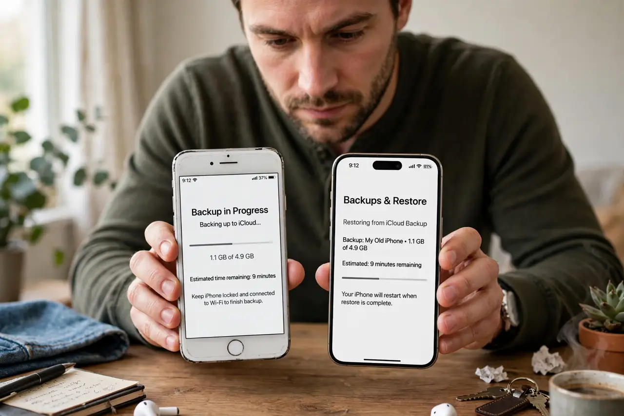Back Up Your Phone Before Trading It In — a person holding both a real old iPhone and a real new iPhone side by side on a desk, the old phone showing a