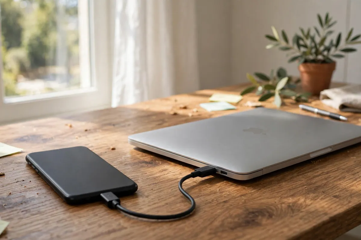A phone lying face down on a desk, connected to a closed laptop by a USB cable for a steadier tethered connection.