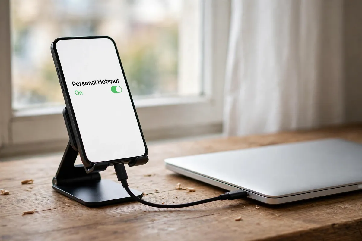 A smartphone on a stand showing Personal Hotspot switched On, connected by cable to a closed laptop on a bright desk by a window, sharing its mobile connection while home internet is down.