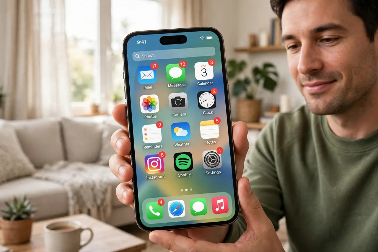 A person holding an iPhone showing home screen app icons with red badge counts, then the badge toggle being turned off in settings, the person's face calm and relieved, living room setting.