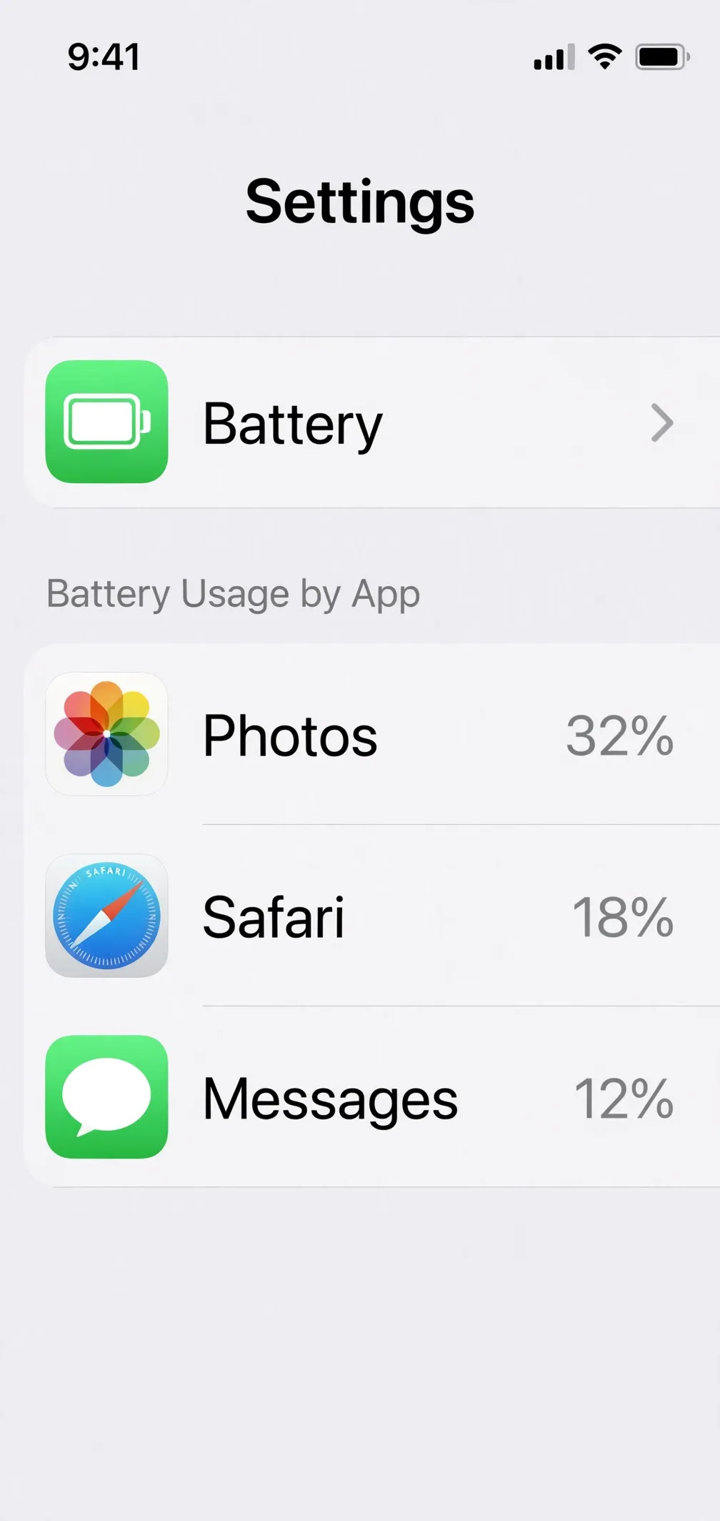 Recreation of the iPhone Battery screen showing Battery Usage by App, with Photos at 32%, Safari at 18%, and Messages at 12%.