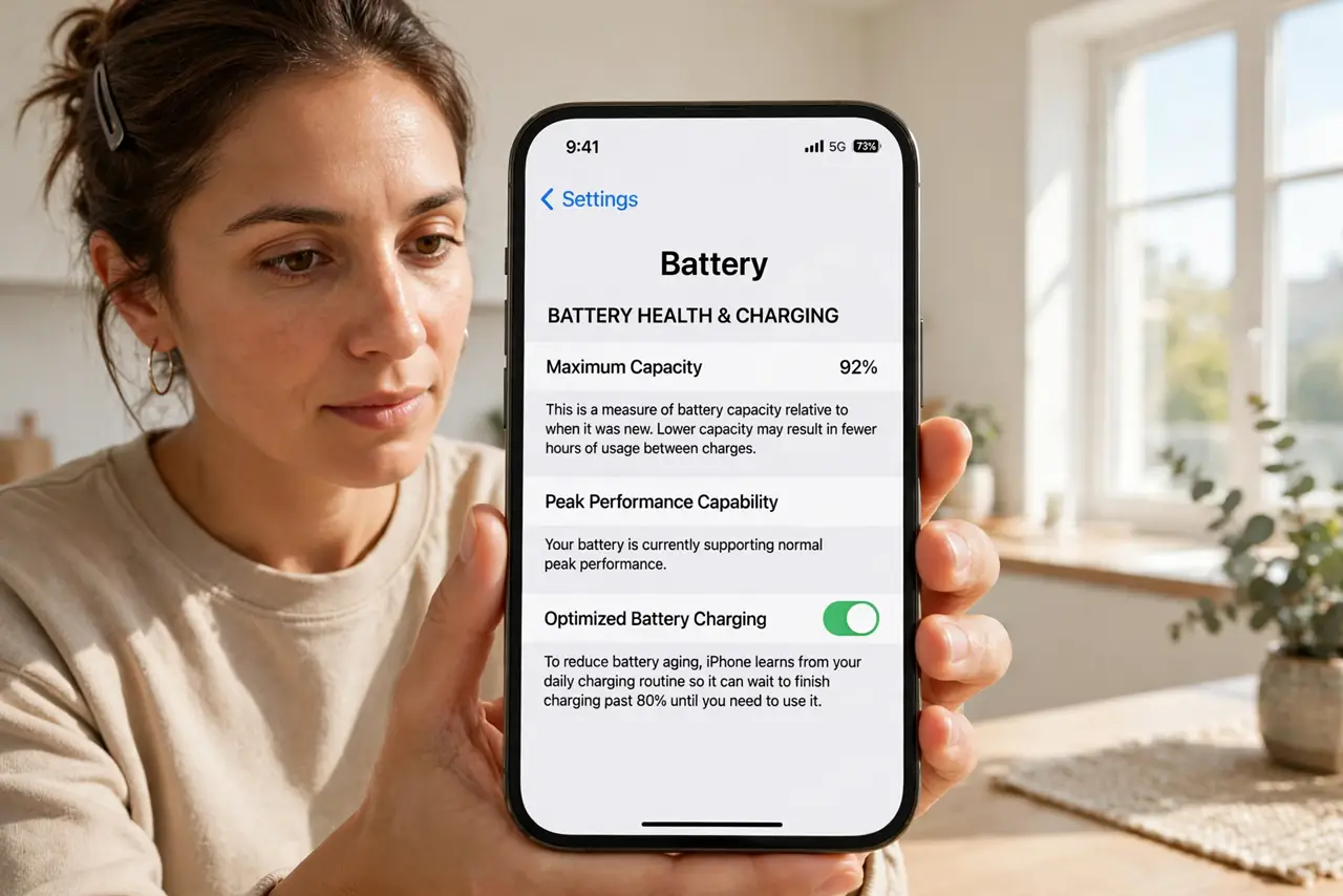 A person performing the first step: Check iPhone battery health. Open Settings, tap Battery, then Battery Health and.