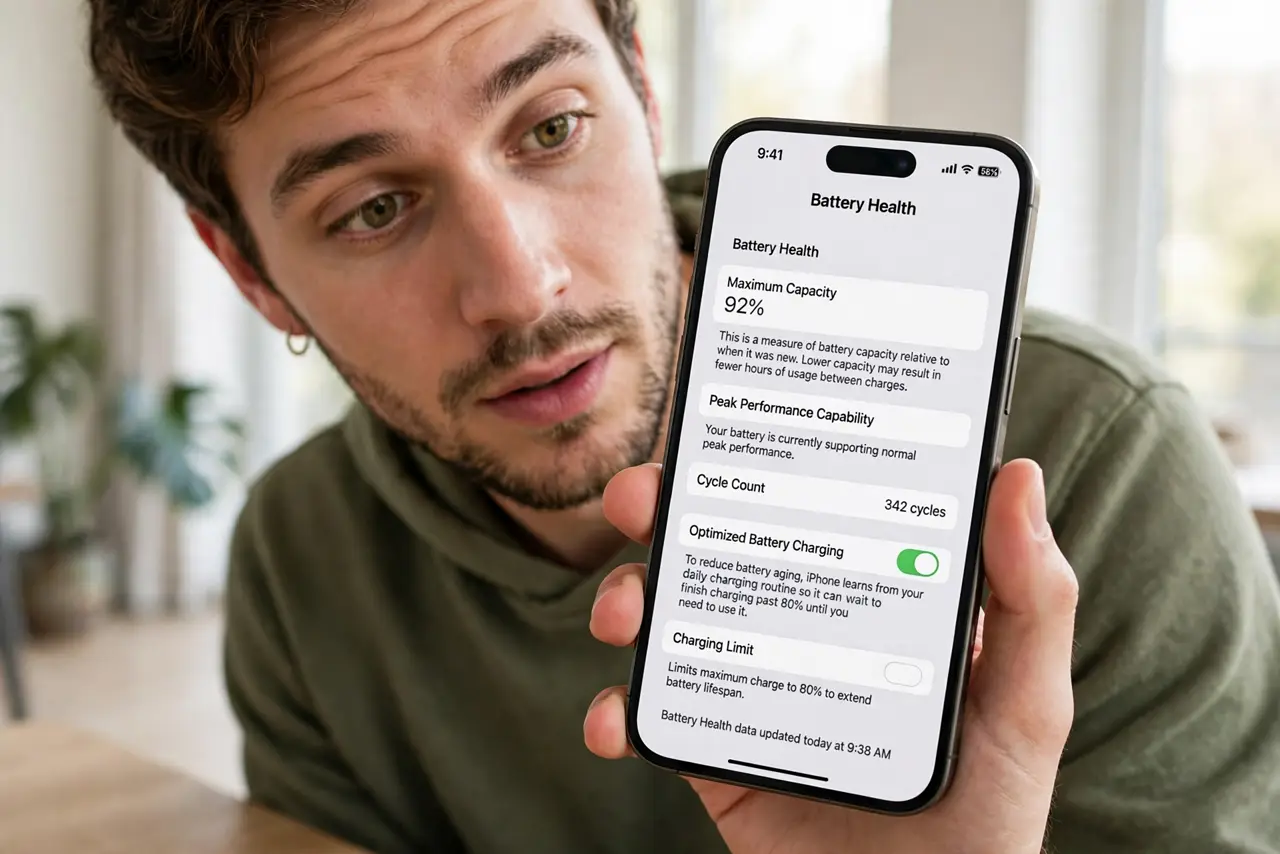 A person checking battery health on a real iPhone, the phone screen large showing battery settings with a health