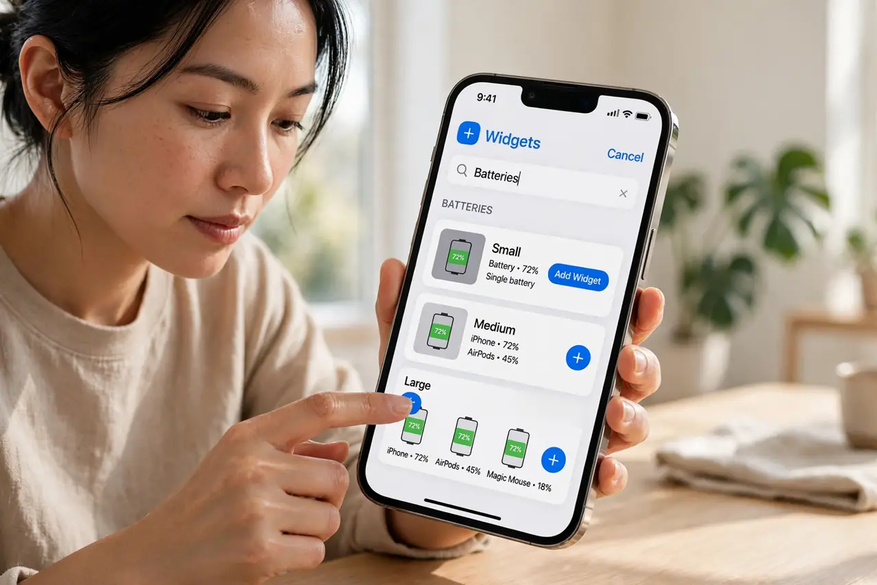 A person performing the first step: Add it on iPhone. Long-press the home screen, tap the plus, search Batteries, and.