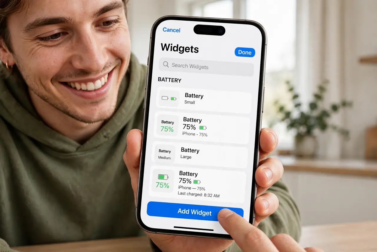 A person adding a battery widget on a real iPhone home screen, the phone screen large showing the widget gallery with