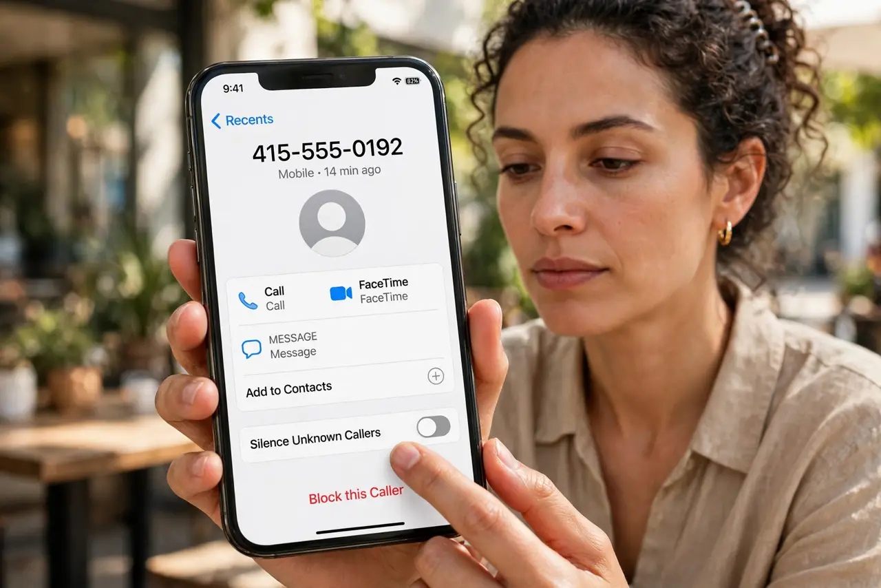 A person doing the guide's first step: Block from recent calls — fastest.