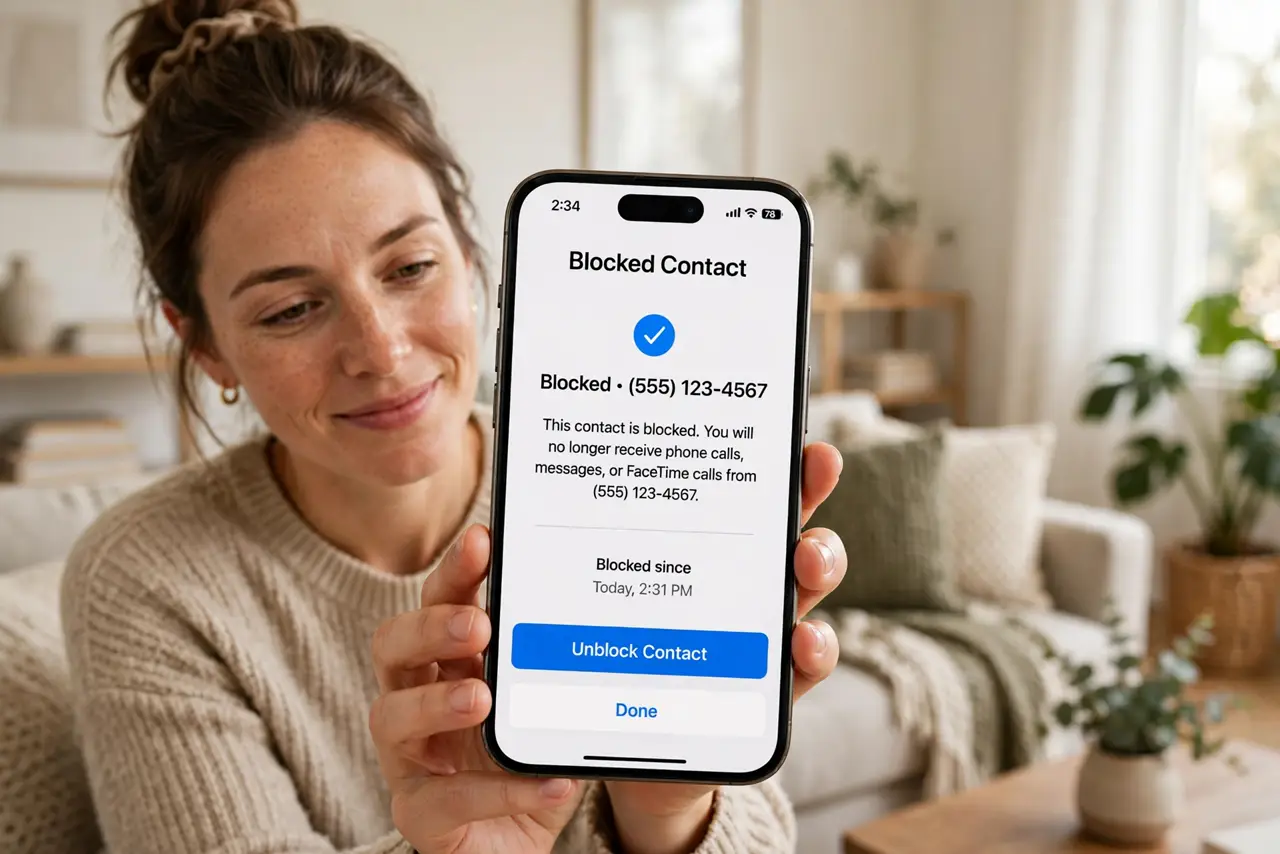 A person holding an iPhone showing a blocked contact confirmation with the number legible on screen, the person's face relieved, living room setting.
