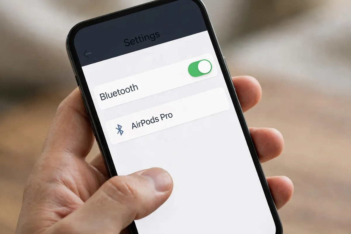 A hand holding a phone showing the Bluetooth settings screen switched on, with AirPods Pro listed as a device.