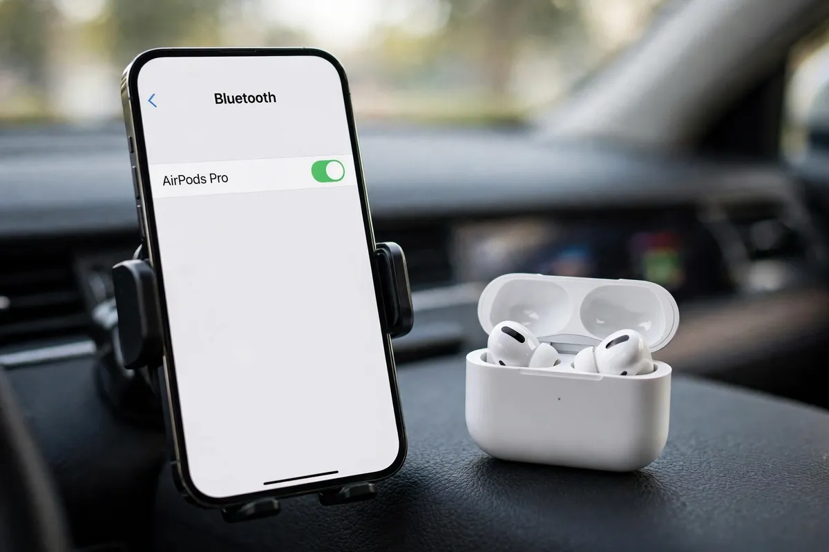 A smartphone mounted on a car dashboard showing the Bluetooth screen with AirPods Pro listed, beside an open case of white wireless earbuds.