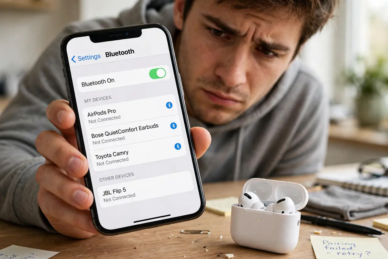 A person holding a real iPhone showing the Bluetooth settings screen with a device list in legible text, wireless earbuds in their charging case beside the phone, the person's face frustrated but.