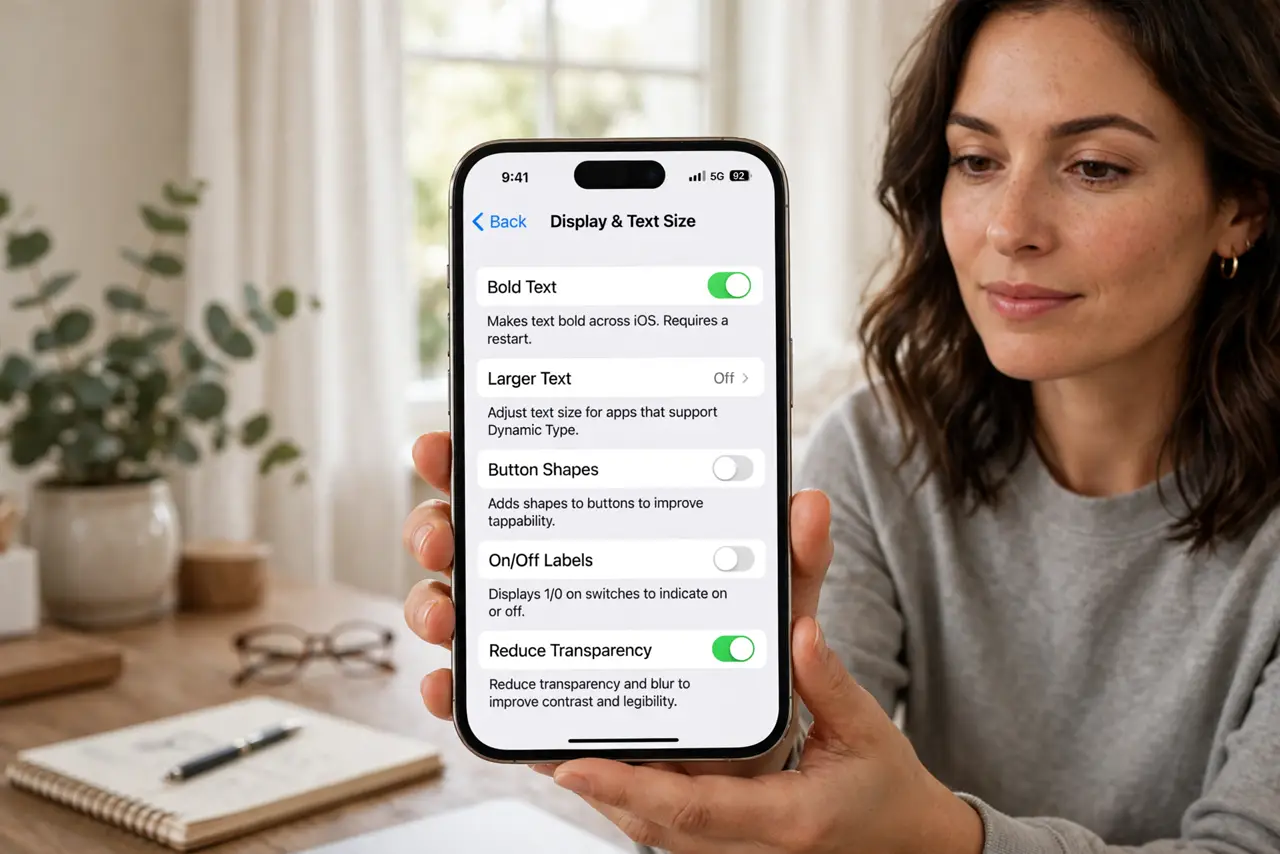 A person holding a real iPhone showing the Settings Accessibility Display screen with legible menu text appearing bold, the person's face calm and attentive, home office.