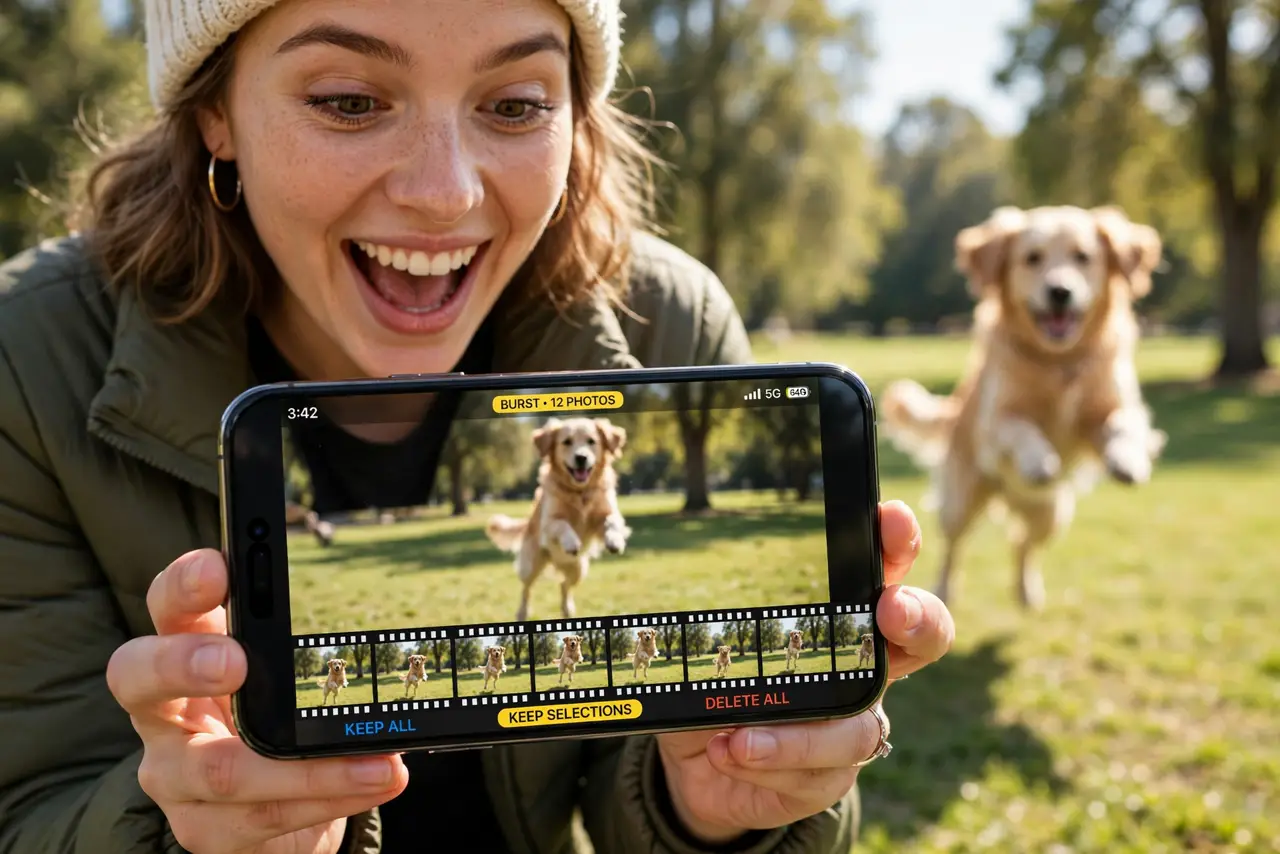 A person holding an iPhone sideways capturing a jumping dog with burst photos visible as a filmstrip on screen, the person's face excited, sunny park setting.
