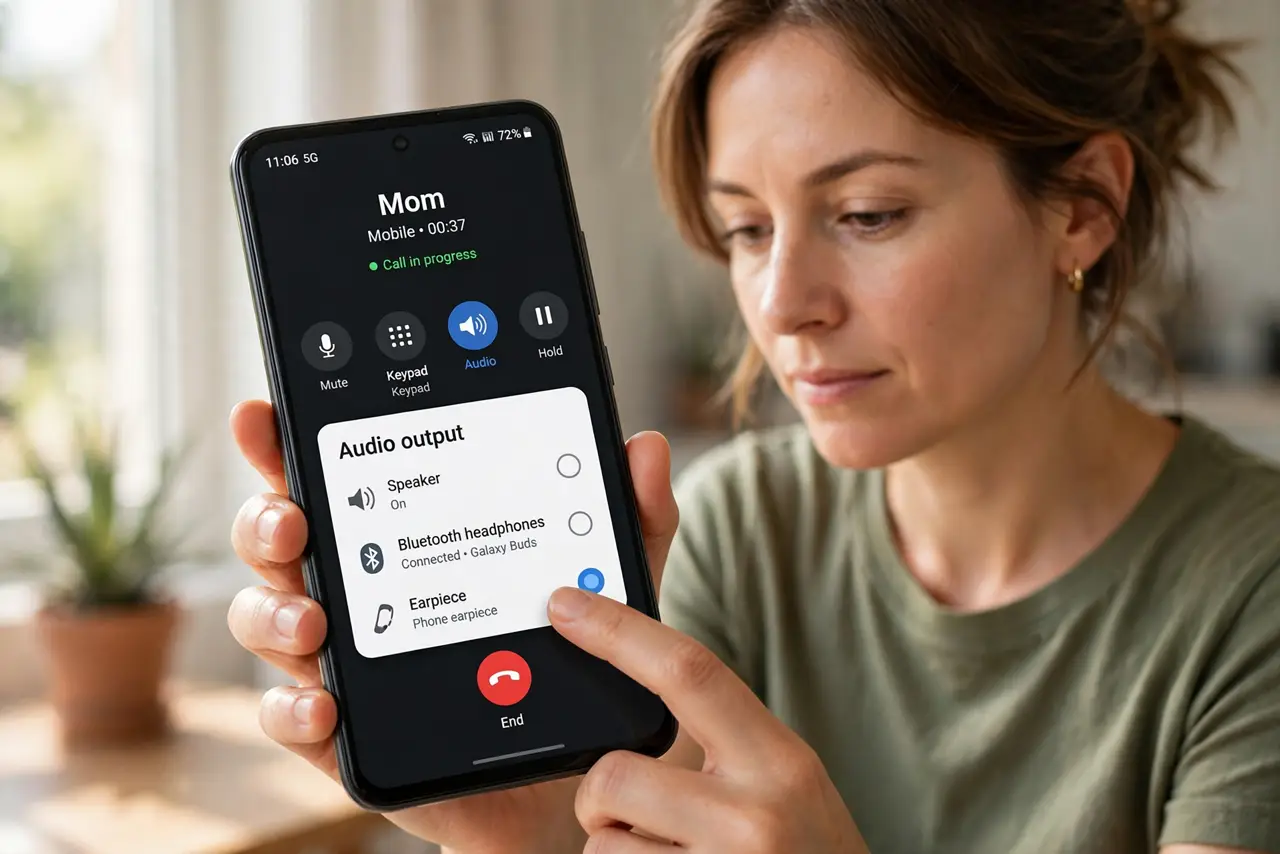 Call Audio Routes to Speaker by Itself — step 1 being performed on the device.