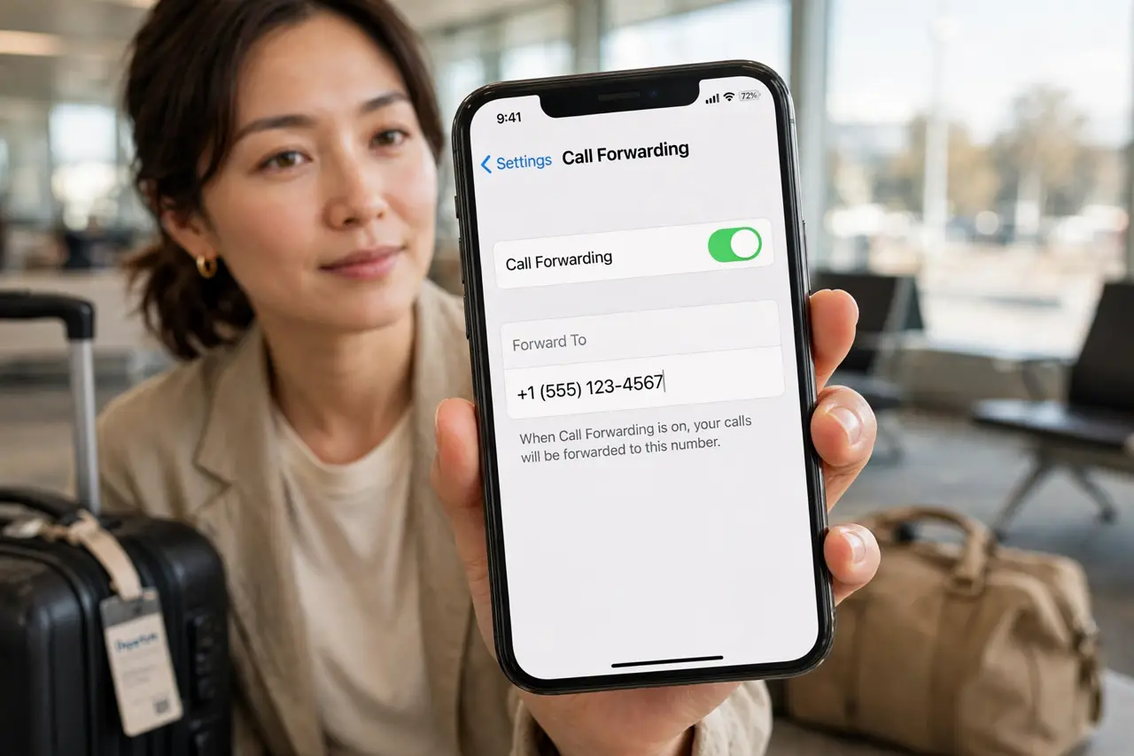 A person holding an iPhone showing the call forwarding settings screen with a phone number field legible on screen, the person's face calm, travel setting with luggage nearby.