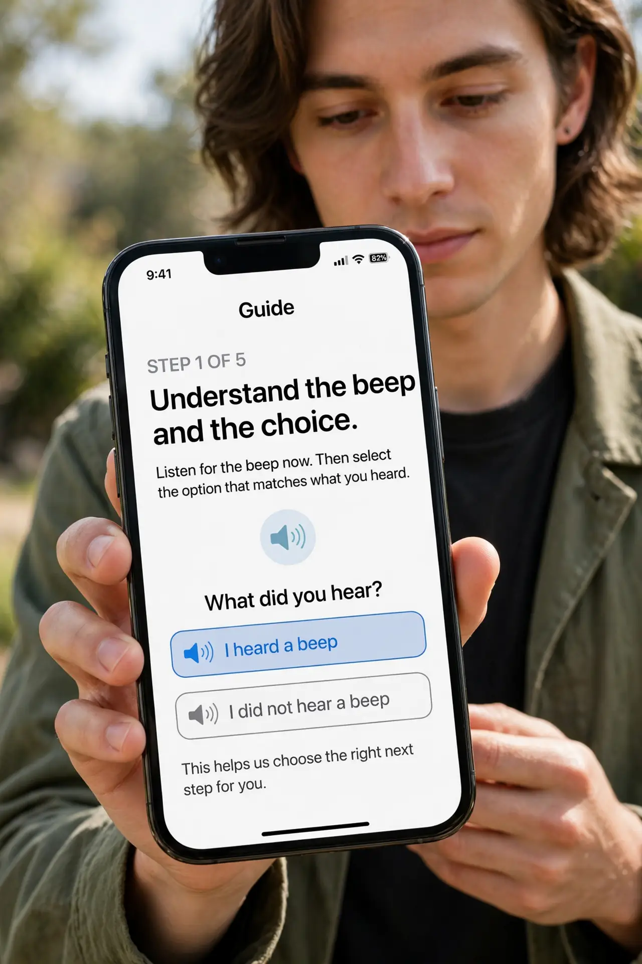 A person doing the guide's first step: Understand the beep and the choice.