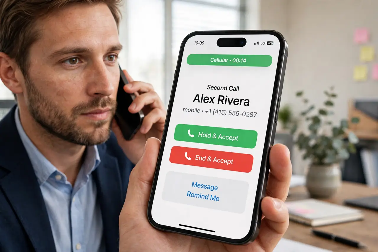 A person holding an iPhone to their ear while the screen shows an incoming second call with answer options legible, the person's face attentive, office setting.