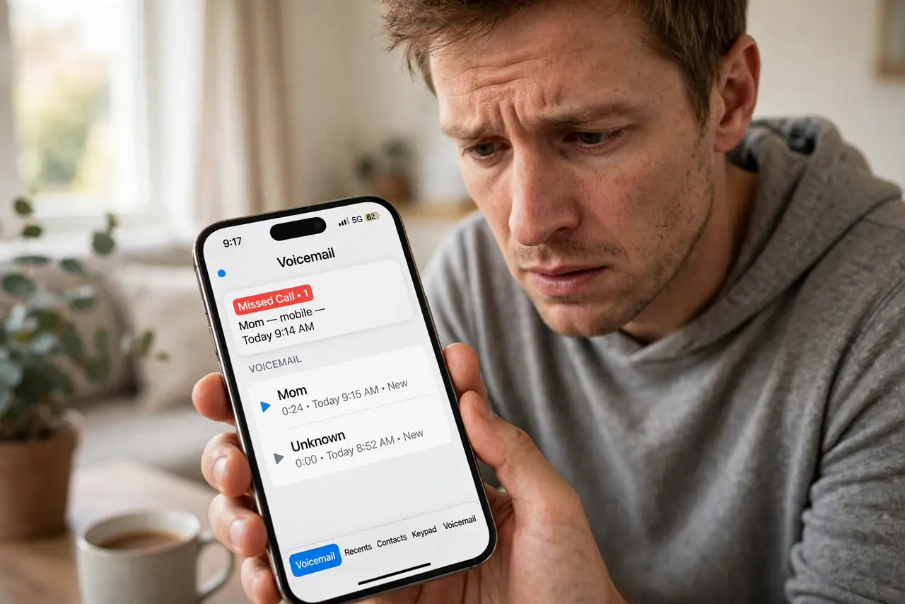 Calls Go Straight to Voicemail — a concerned adult looking at a real smartphone showing a missed call notification and voicemail list in fully