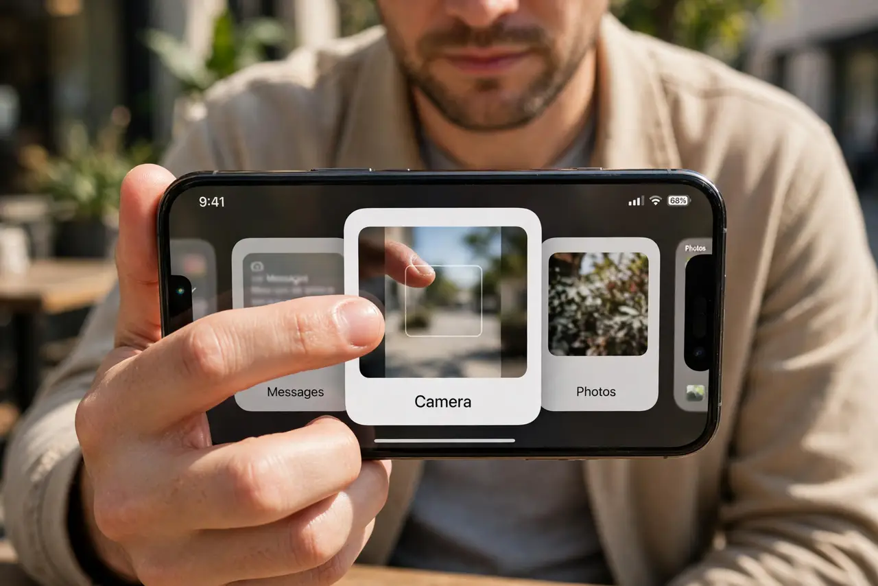 A person doing the guide's first step: Force-close and reopen the camera.