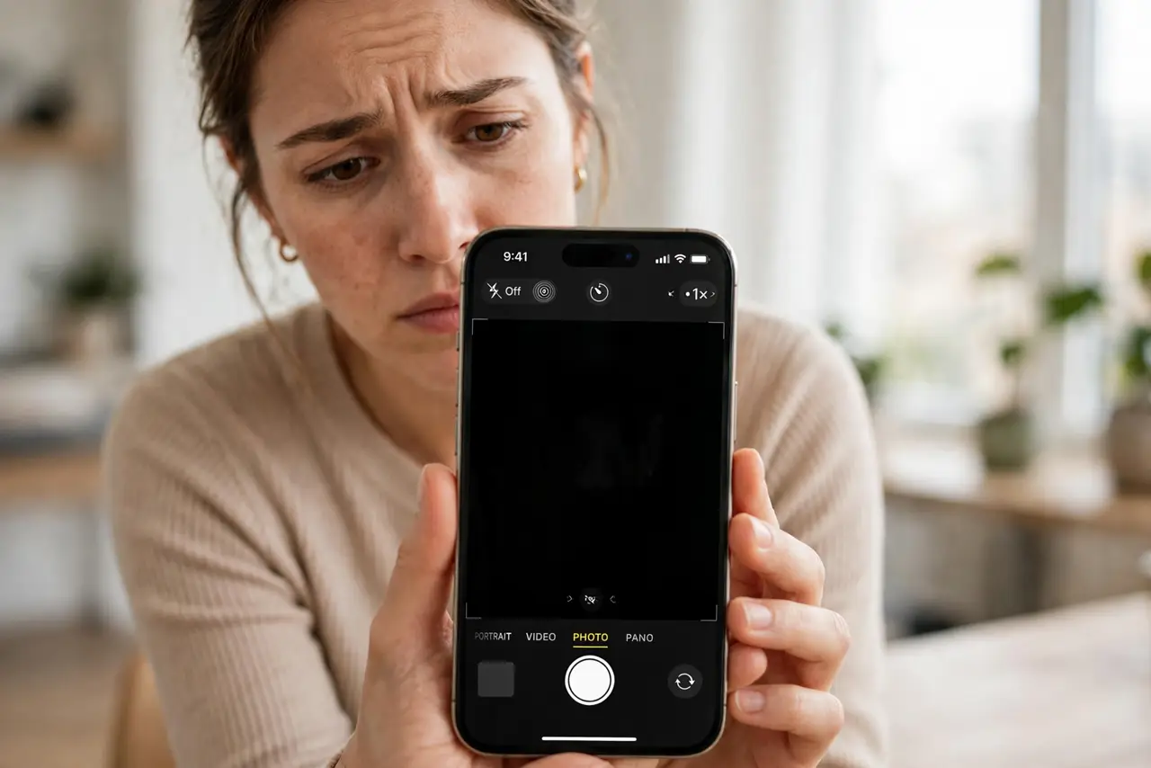 A person looking concerned at an iPhone showing a black camera viewfinder with camera controls visible, the person's face worried, indoor setting.