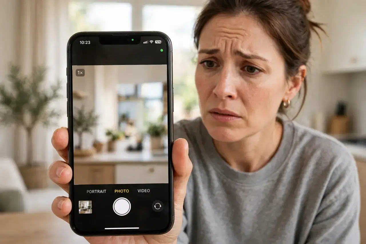 Green Dot on Your Phone — a concerned adult holding a real iPhone upright, the screen showing a normal camera-app preview with a small g