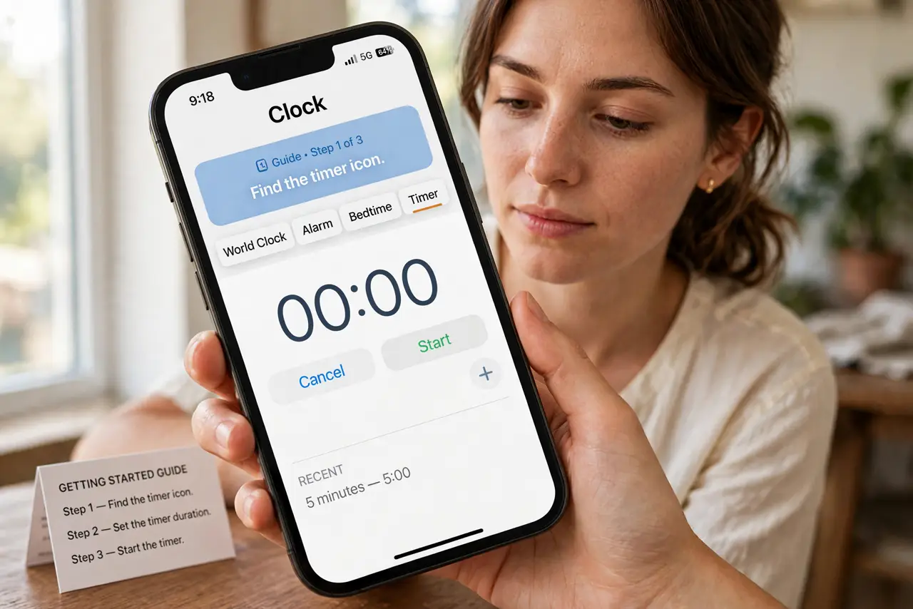 A person doing the guide's first step: Find the timer icon.