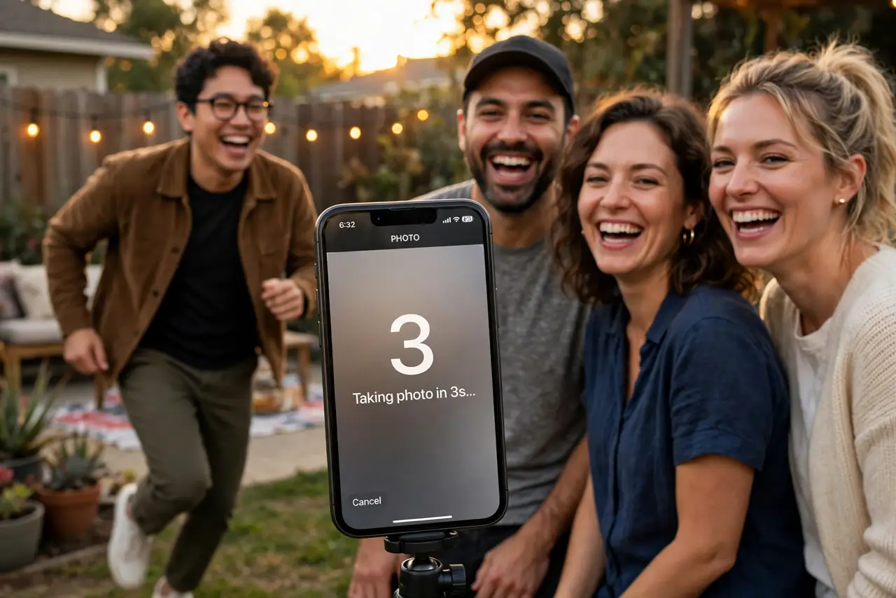 A person running to join friends for a group photo while an iPhone on a small tripod shows a 3-second countdown legible on screen, everyone's faces laughing, backyard sunset setting.