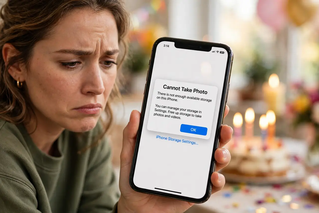 A person looking frustrated at an iPhone showing a 'Cannot Take Photo' storage warning legible on screen at a birthday party with candles blurred behind, the person's face disappointed.