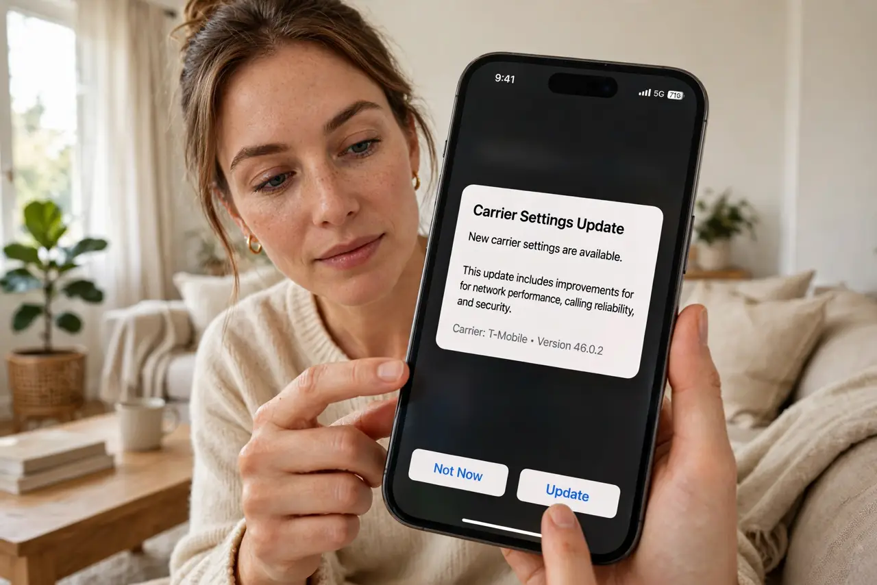 A person holding a real iPhone showing a carrier settings update popup dialog with legible text, finger about to tap Update, the person's face calm and curious, living room.