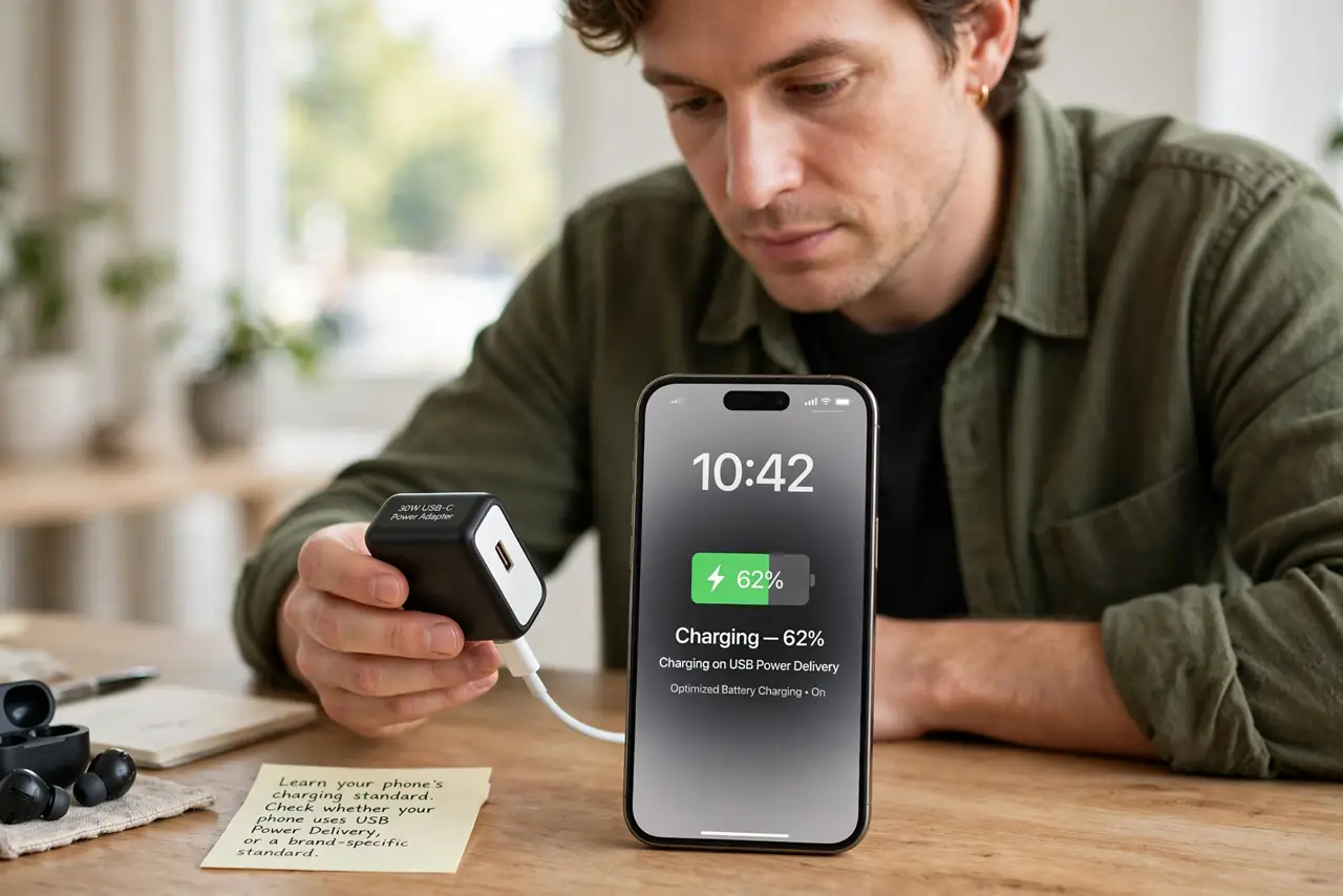A person performing step 1 of the guide: Learn your phone's charging standard. Check whether your phone uses USB Power Delivery, or a brand-specific standard. A charger must...