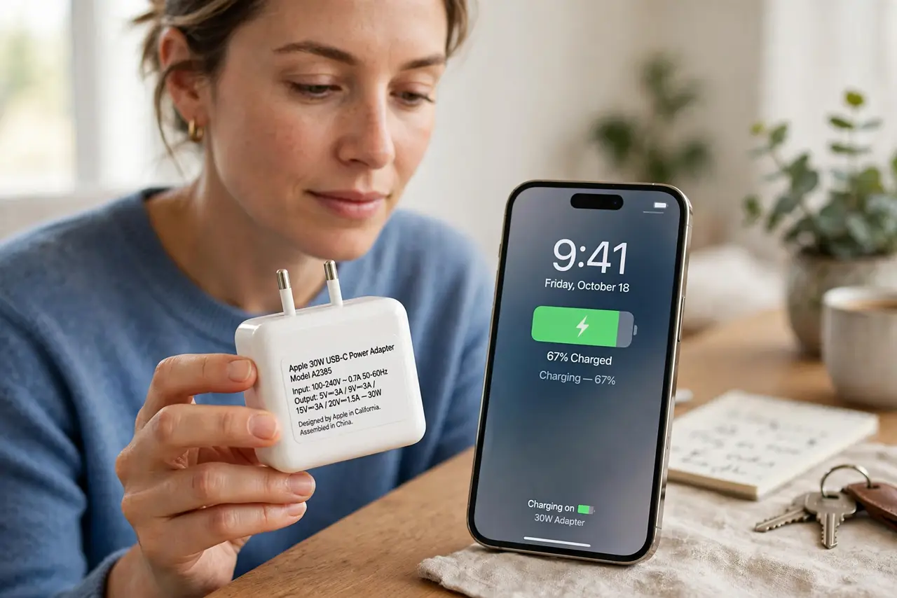 a calm adult holding a real phone charger brick next to a real phone on a desk, the wattage label on the brick clearly visible and legible, the phone showing a normal charging screen