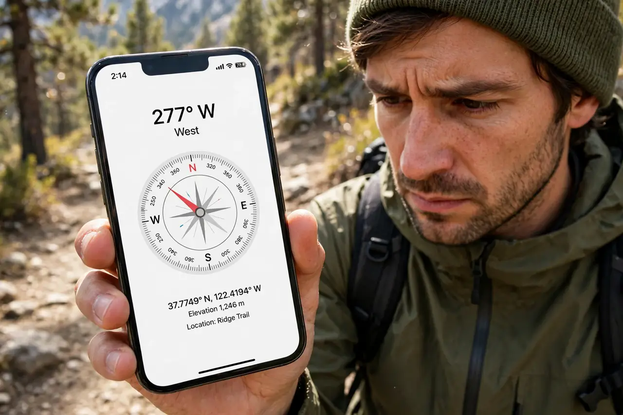 Compass Points the Wrong Way — a hiker holding a real iPhone showing the compass app with the dial clearly legible, standing on a trail, the