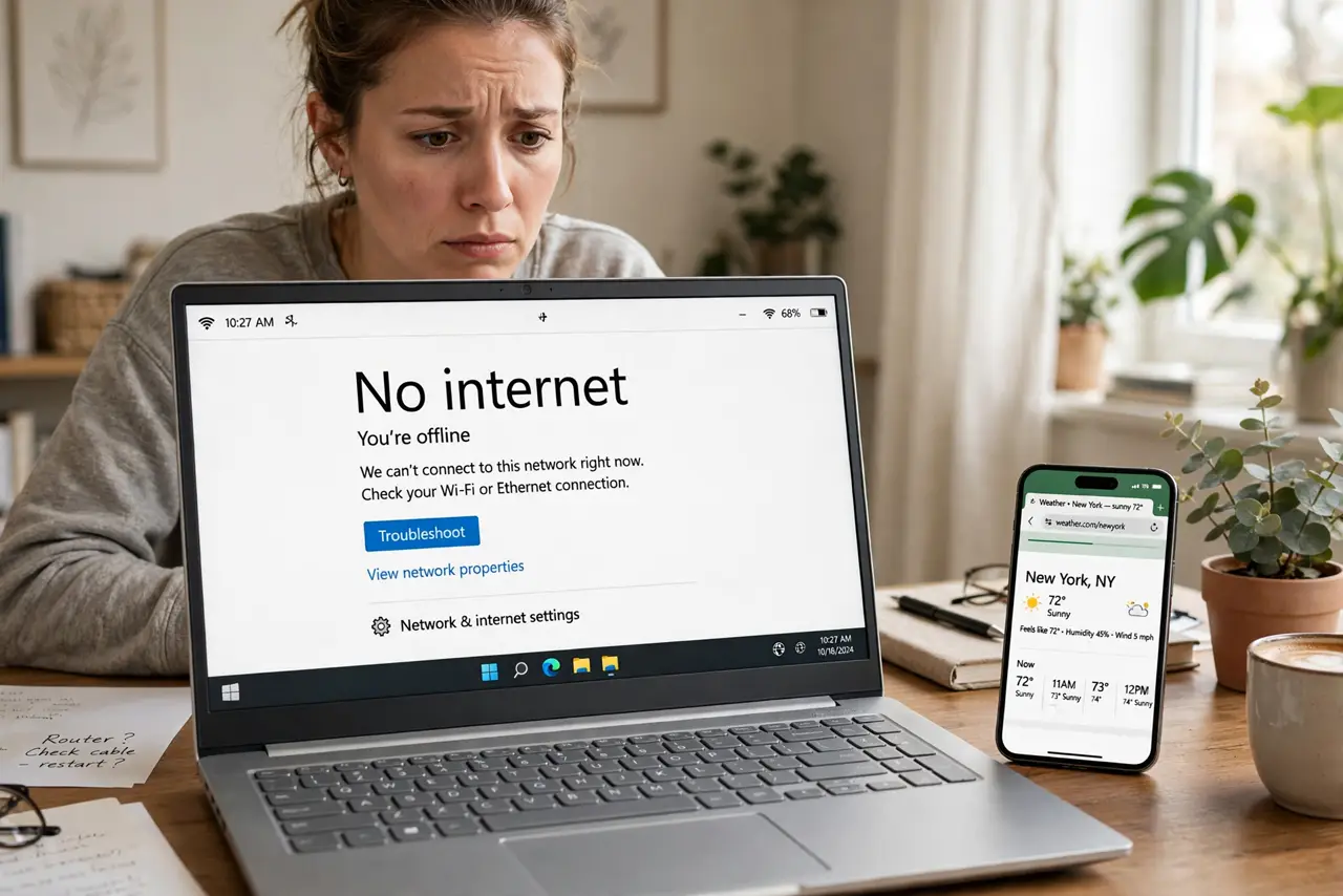 Phone Connects but the Laptop Doesn't — a person at a desk with a real laptop showing a no-internet warning fully legible and a real phone beside it l