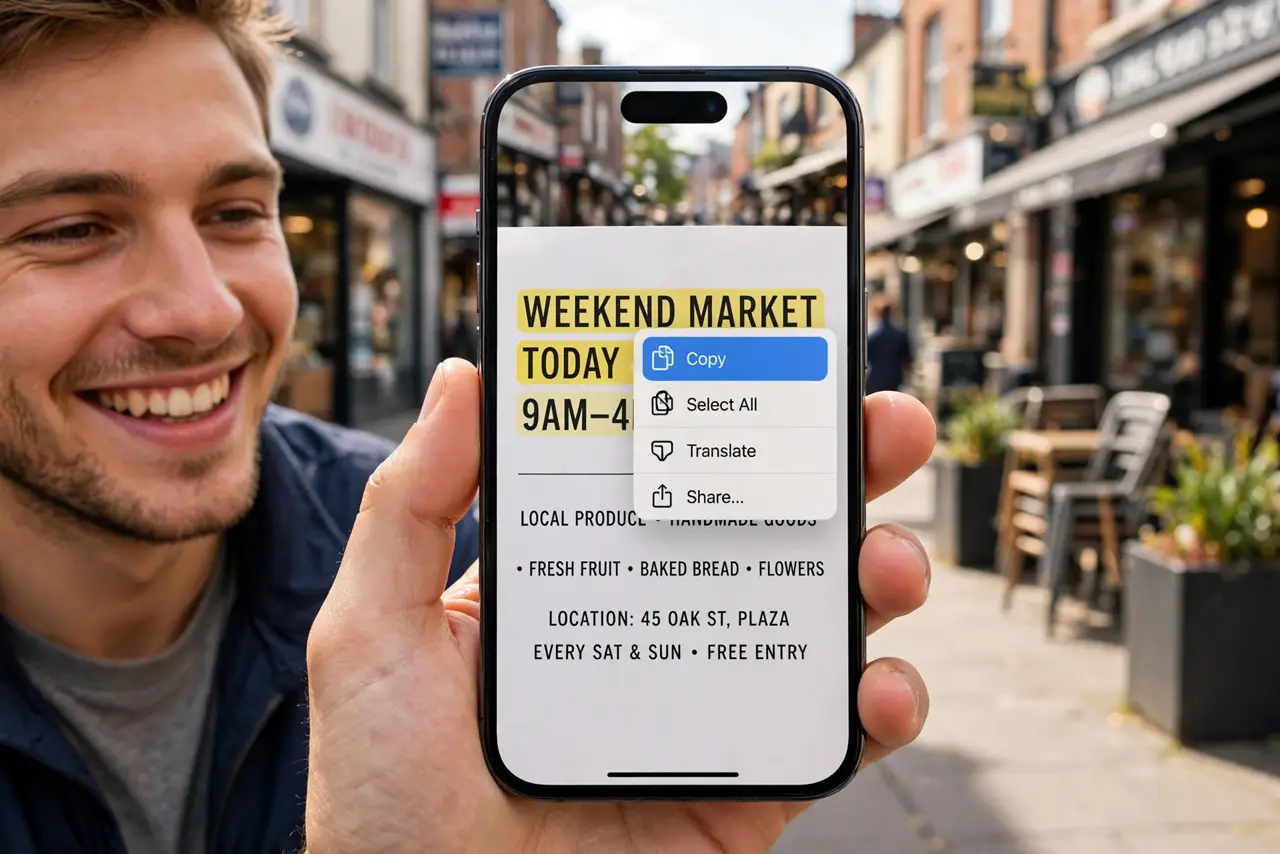 A person holding an iPhone pointed at a printed flyer, detected text highlighted with a copy popup legible on screen, the person's face pleased, street setting.