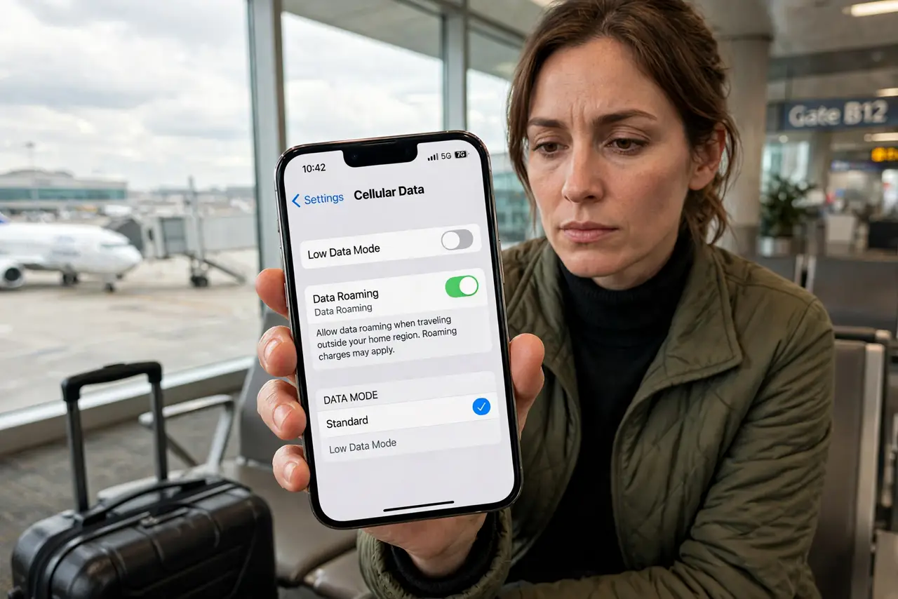 A person at an airport window holding a real iPhone showing the Cellular Data options screen with the Data Roaming toggle visible in legible text, suitcase nearby, the person's face thoughtful,.