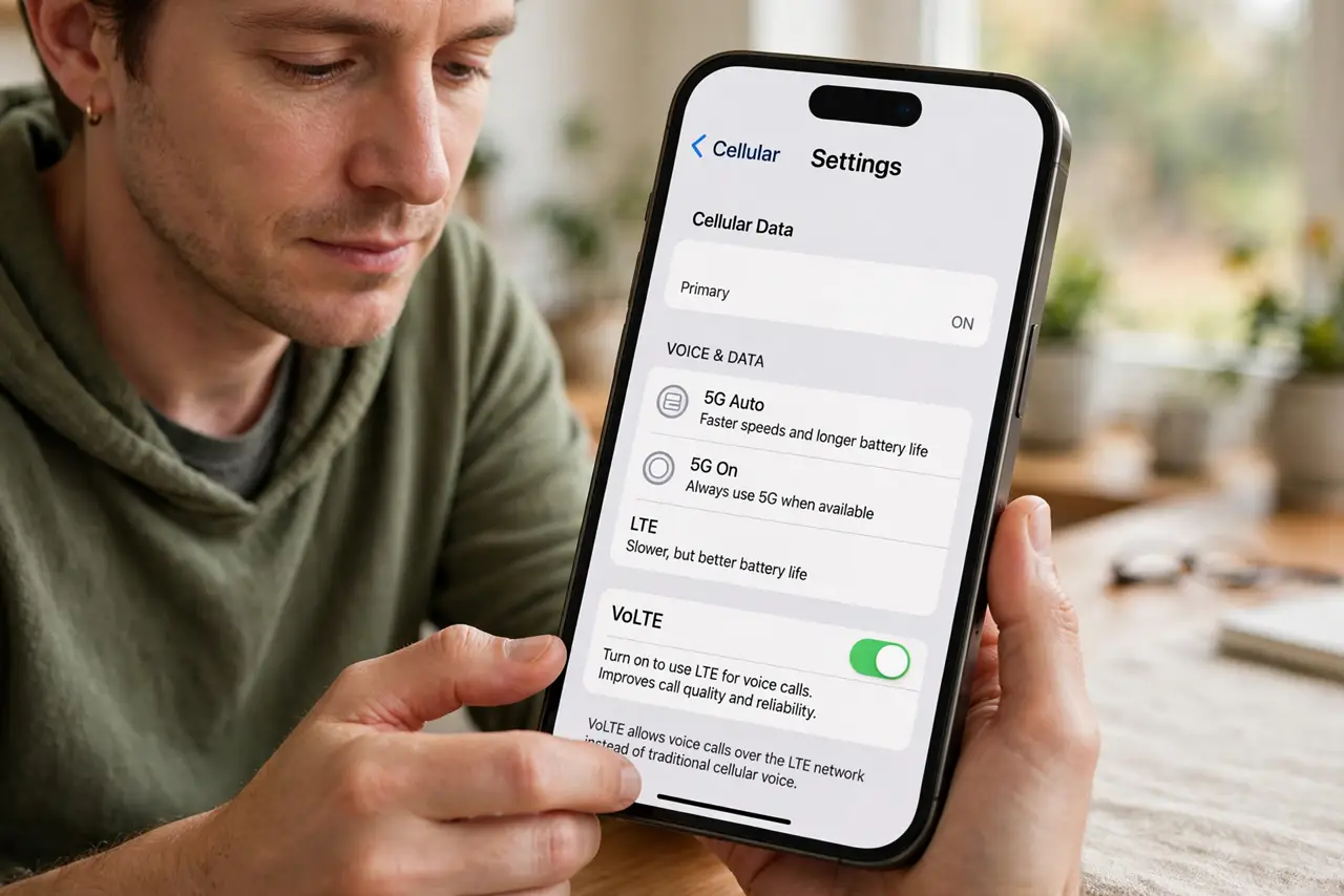 Step 1 in action for Mobile Data Works but Calls Don't: Enable VoLTE. Modern networks carry calls as VoLTE.