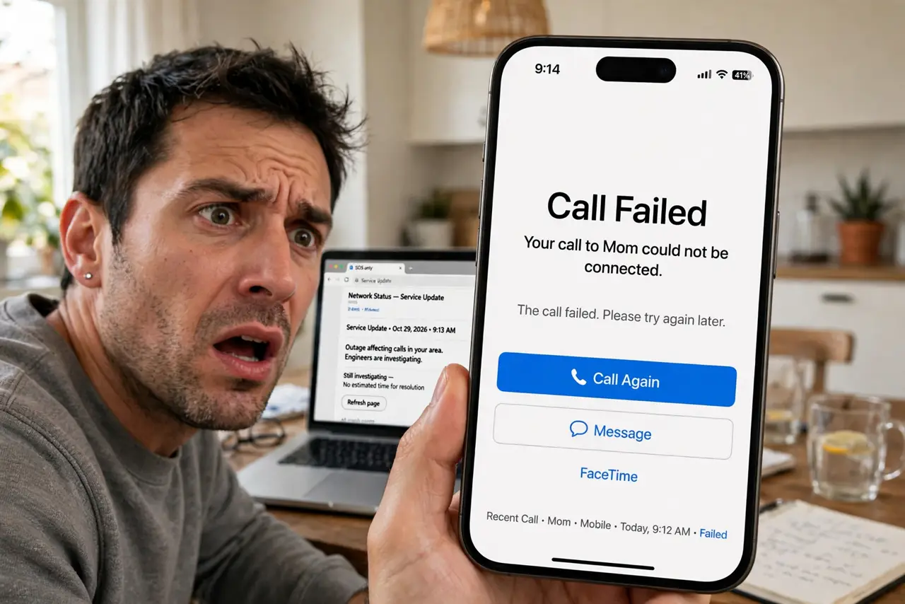 Mobile Data Works but Calls Don't — a frustrated adult holding a real smartphone showing a failed call screen with fully legible text, browser ope