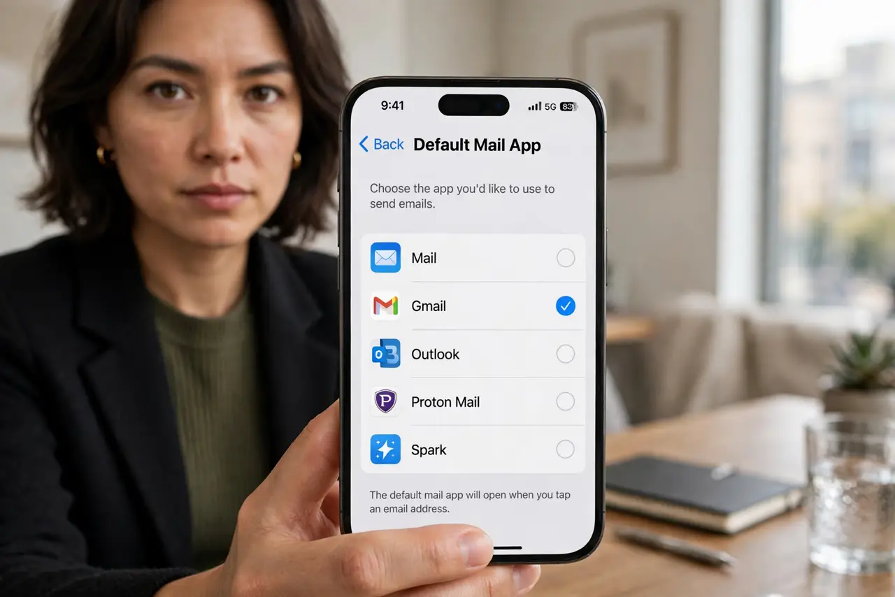 A person holding an iPhone showing the default mail app selection screen with several mail apps listed legibly, the person's face decisive, office setting.
