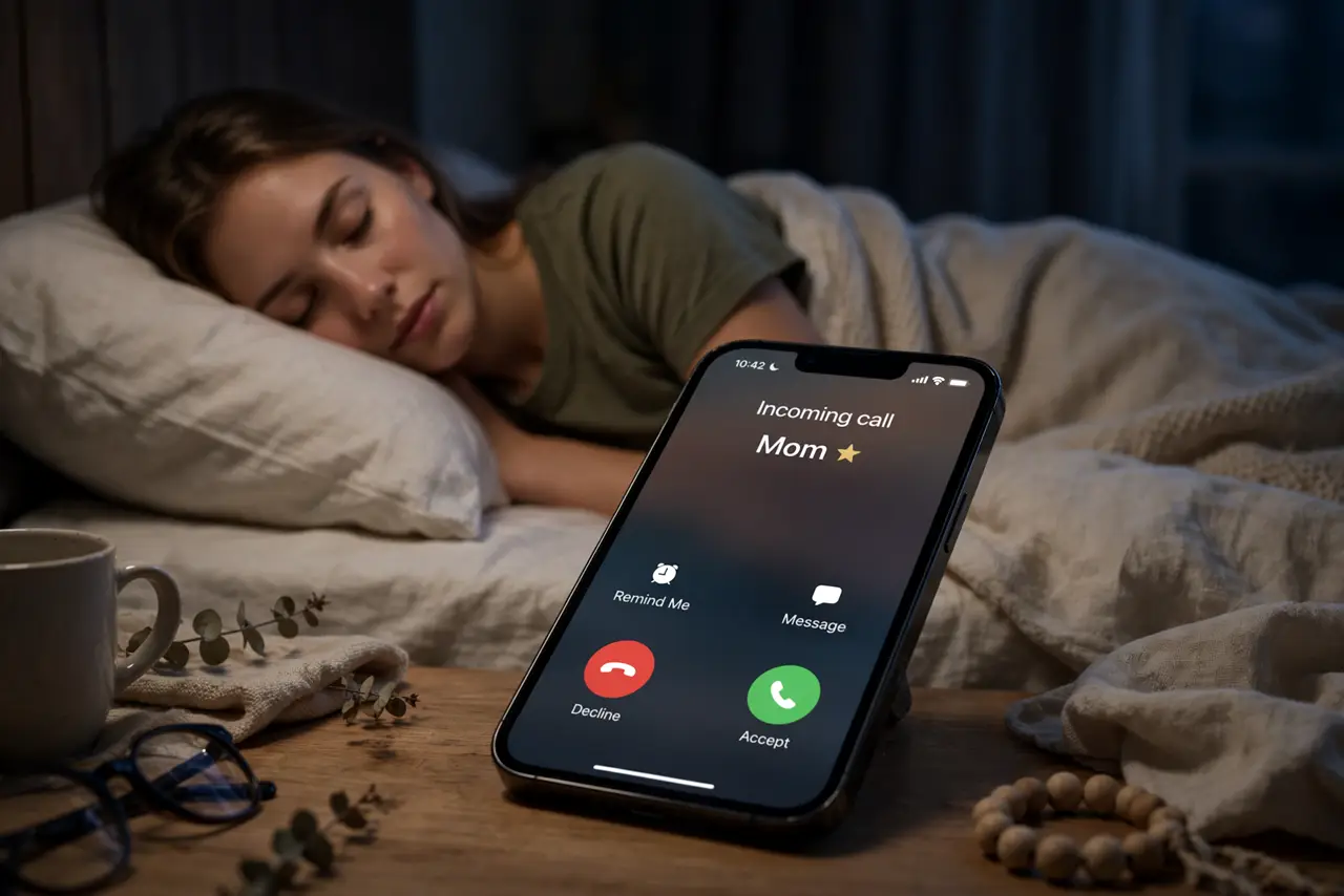 A person sleeping peacefully while their iPhone on the nightstand shows a Do Not Disturb moon icon with one starred contact's call coming through, calm bedroom night setting.