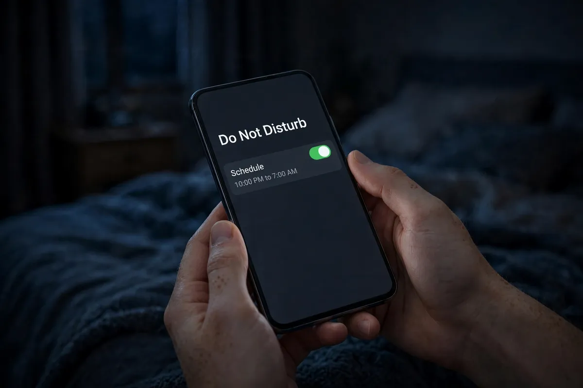 Example recreation of a phone in a dim bedroom showing Do Not Disturb switched on, with a schedule of 10:00 PM to 7:00 AM.