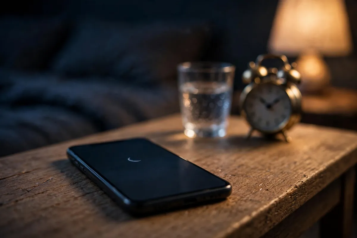 A smartphone with a dimmed screen showing a crescent moon resting on a wooden bedside table next to a glass of water and an alarm clock at night.