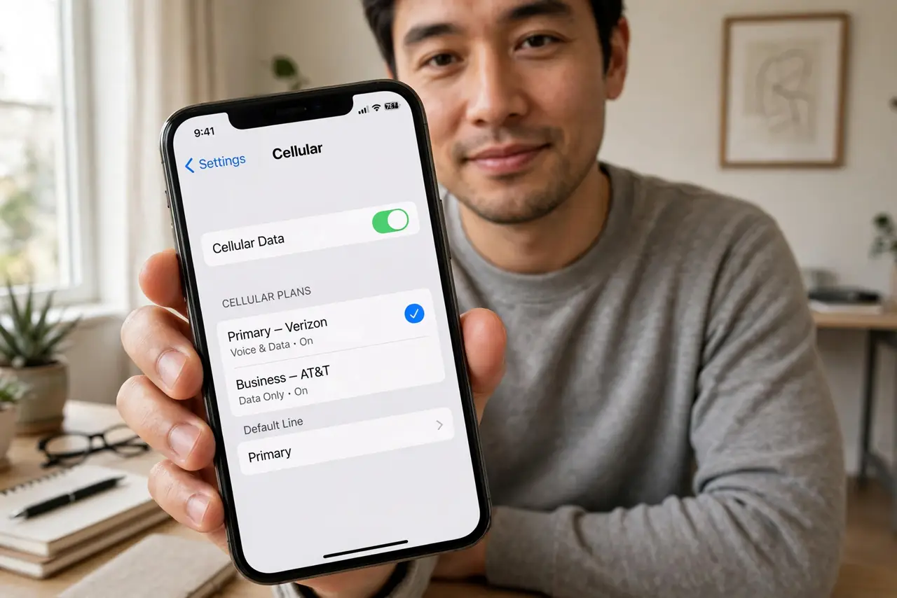 A person holding a real iPhone showing the Cellular settings screen with two labeled lines visible in legible text, the person's face calm and satisfied, home office.
