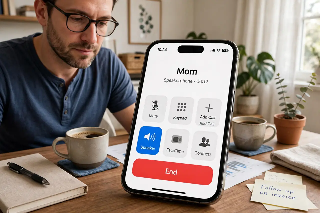 Echo on Speakerphone Calls — a calm adult on a speakerphone call with a real smartphone on a desk, the call screen with the speaker icon hi