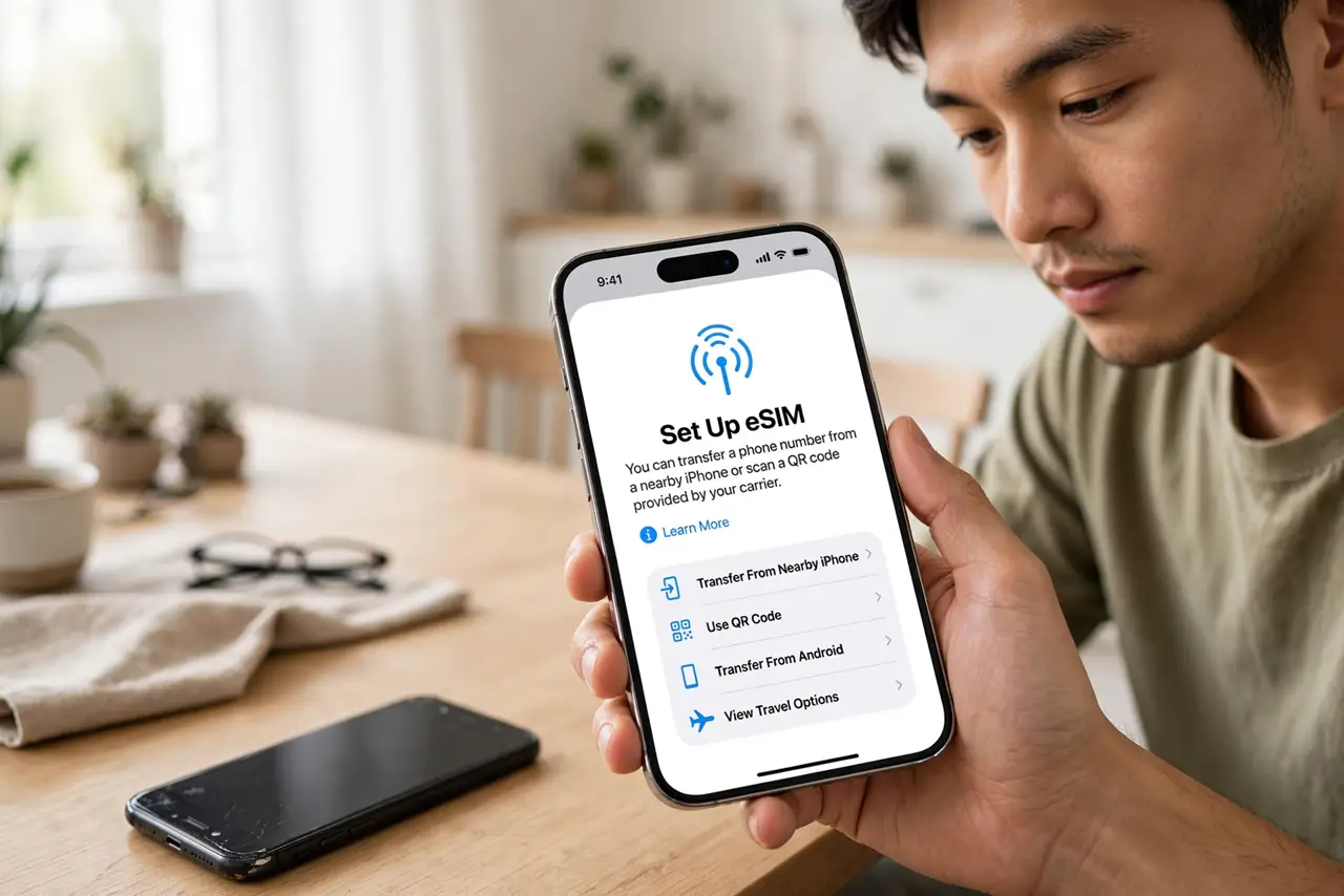 A person holding a new real iPhone showing the eSIM setup screen with legible text, the old phone lying beside it on a table, the person's face calm and focused, bright room.