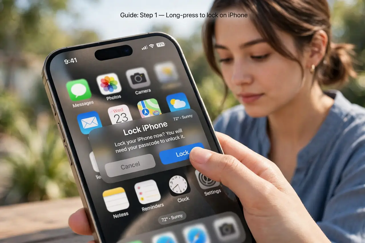 A person doing the guide's first step: Long-press to lock on iPhone.