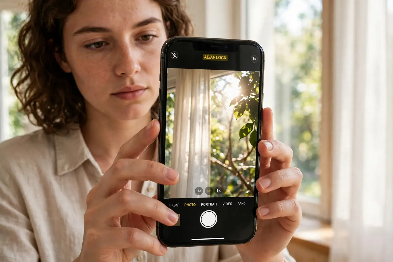 A person holding an iPhone framing a backlit portrait, the AE/AF LOCK indicator legible on screen, the person's face focused, bright window setting.